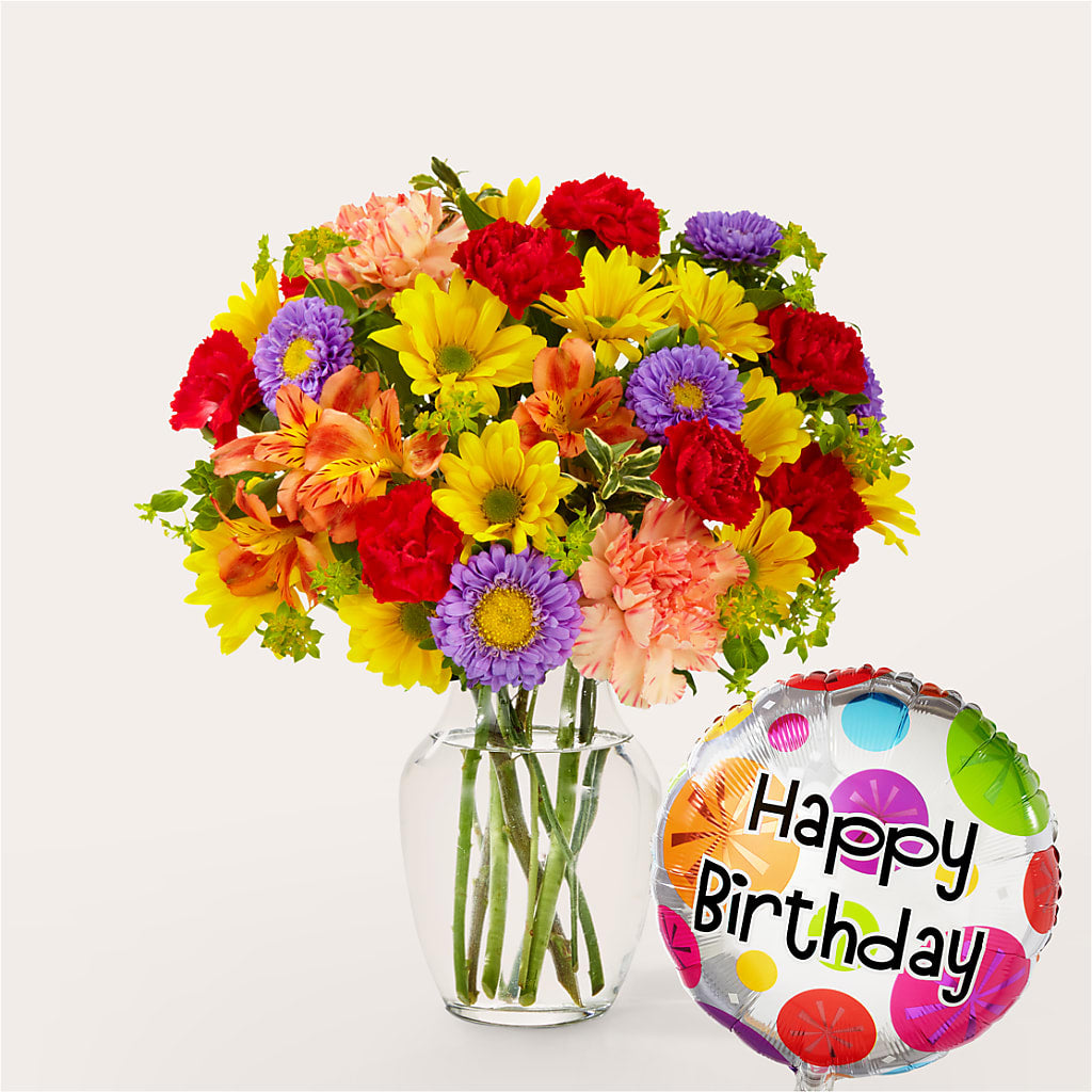 Kaleidoscope Bouquet with Birthday Balloon – TALLEY'S FLOWER SHOP, King NC