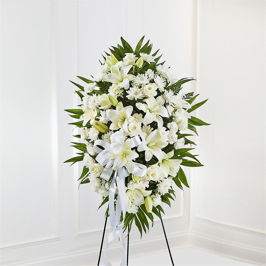 Exquisite Tribute Standing Spray-White Ribbon – TALLEY'S FLOWER SHOP, King NC